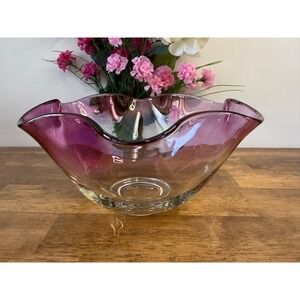Vintage Cranberry Pink Art Glass Ruffled Centrepiece Bowl Large Flared Wavy Rim